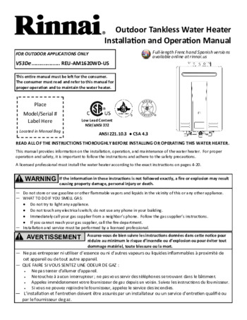 Gas V53de Rinnai V53den Manual Rinnai V53DeN Outdoor Tankless - Main Image