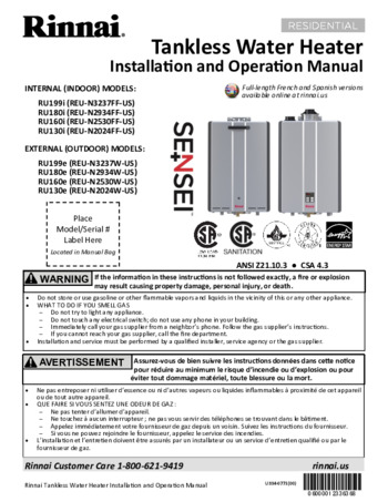 Rinnai Ru160in Installation Manual